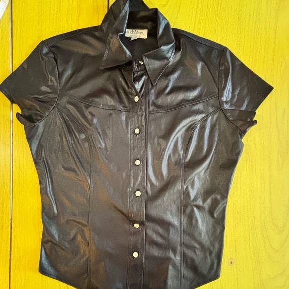vintage le chateau 90s wet look button up tshirt blouse - Picture 2 of 5